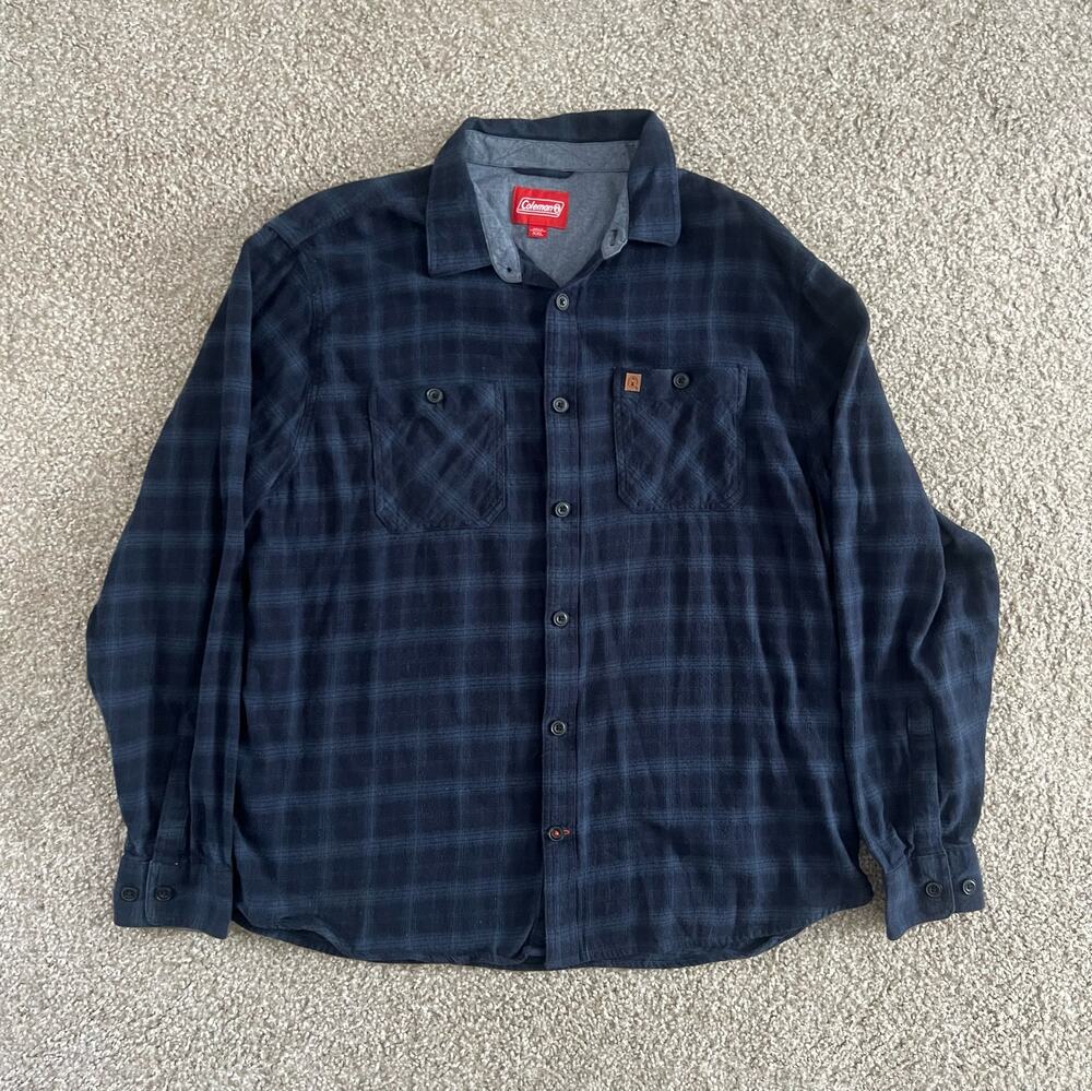 Coleman Flannel Shirt Blue Plaid Cotton Button Up Long Sleeve Outdoor Sz XXL